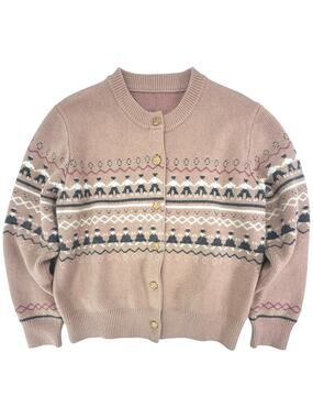 Vintage Fair Isle Cardigan Sweater Women's M Pink Nordic Button Front